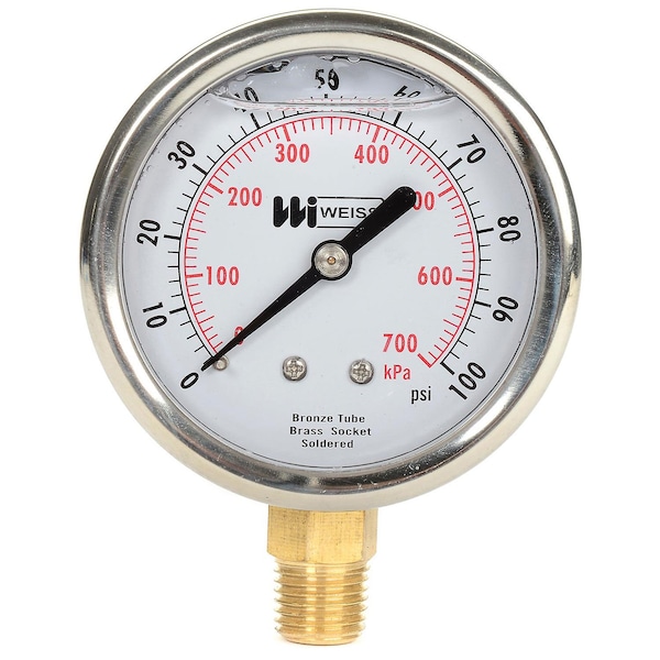 Weiss Instruments. Liquid Filled 2-1/2 Dial, 1/4 NPT Bottom, 0-100 PSI LF251-100-4L - main